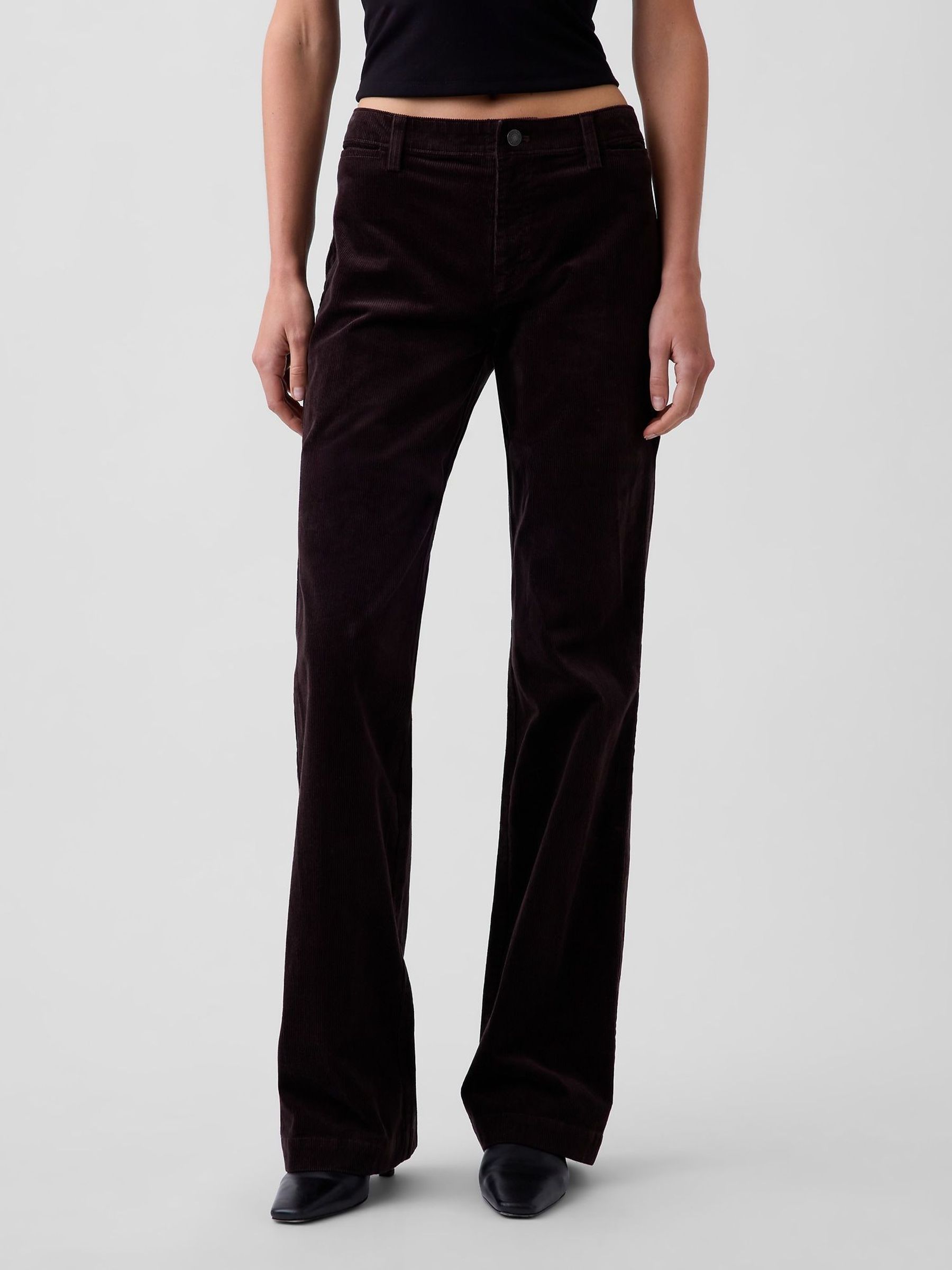 Dark Brown - Mid Rise Corduroy Relaxed Flare Trousers