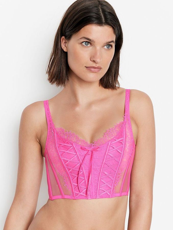 Neon Peony Pink Lace Unlined Non Wired Corset Bra Top (P54621) | £19