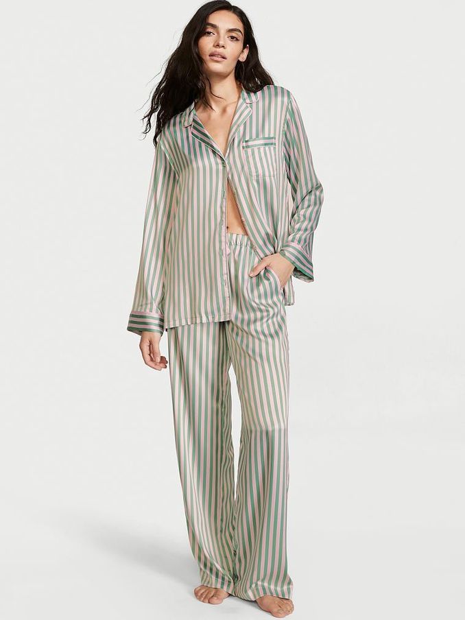 Aloe Green and Pink Stripe Satin Long Pyjama Set (P54636) | £30