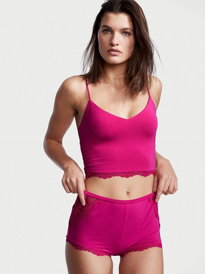 Berry Blush Pink Modal Lace Back Cropped Cami Set (P54685) | £20