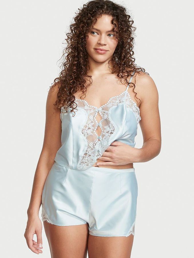 Ballad Blue Button Satin Lace Cami Set (P61895) | £30