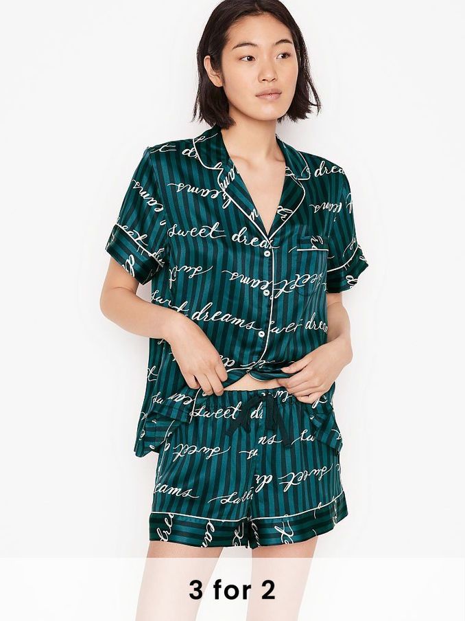Noir Navy Blue Script Satin Short Pyjamas (P66688) | £30