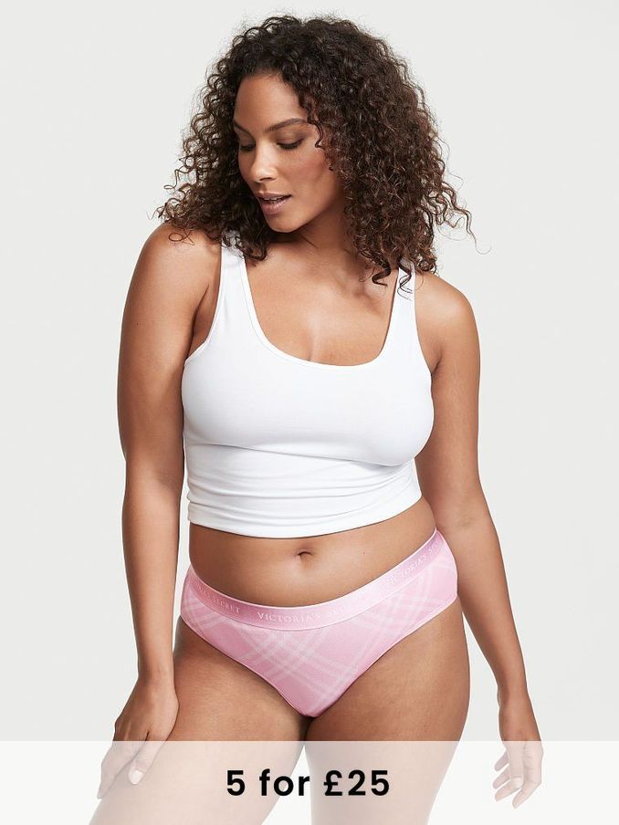 Pink Flora Simple Plaid Stretch Cotton Logo Waist Hiphugger Panty (P72273) | £4