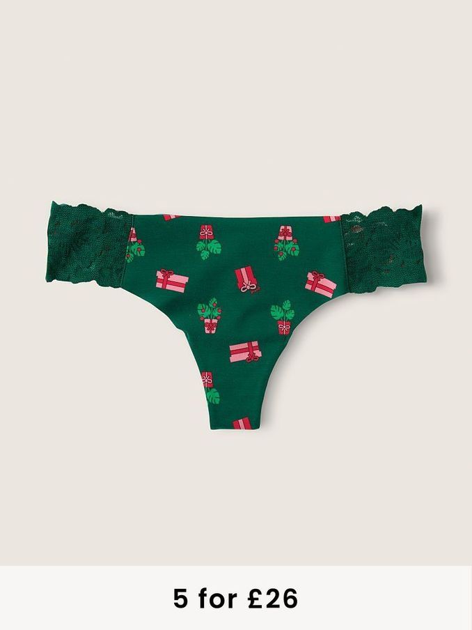 Dark Garden Green Christmas Print No Show Thong Knicker (P74131) | £3