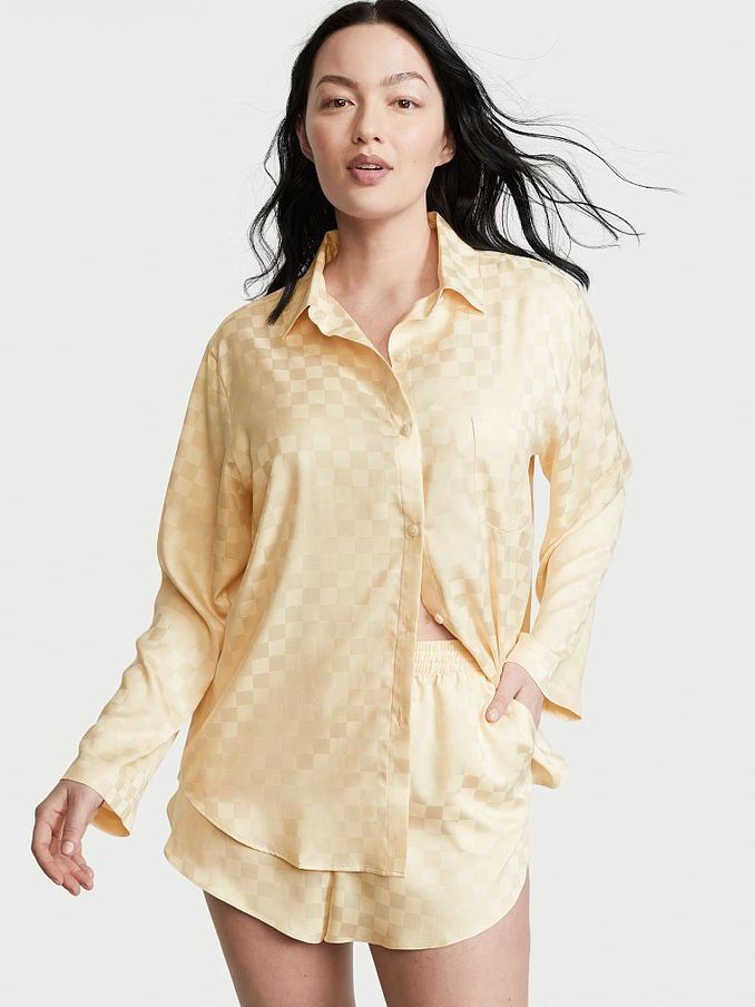 Faded Wheat Yellow Check Satin Long Sleeve Short Pyjamas (P74591) | £30