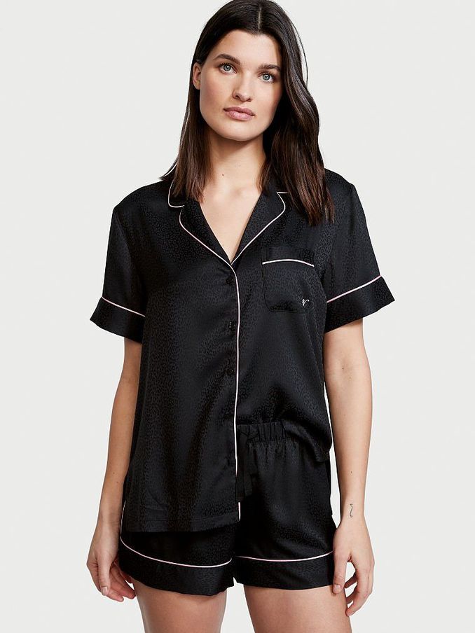 Black Leopard Satin Short Pyjama Set (P74603) | £59