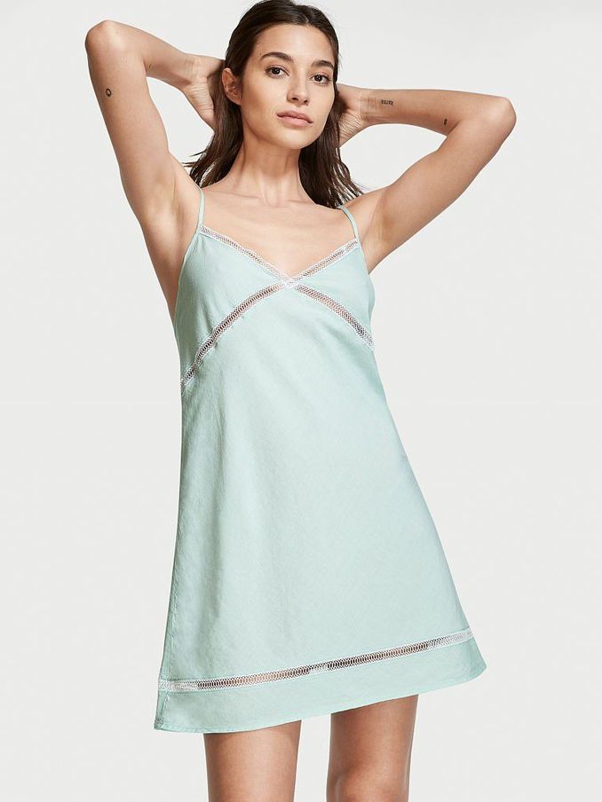 Light Chambray and Green Cotton Slip Dress (P75543) | £15