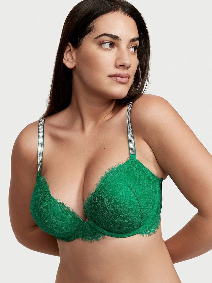 Lucky Clover Green Lace Shine Strap Plunge Push Up Bra (P75790) | £18