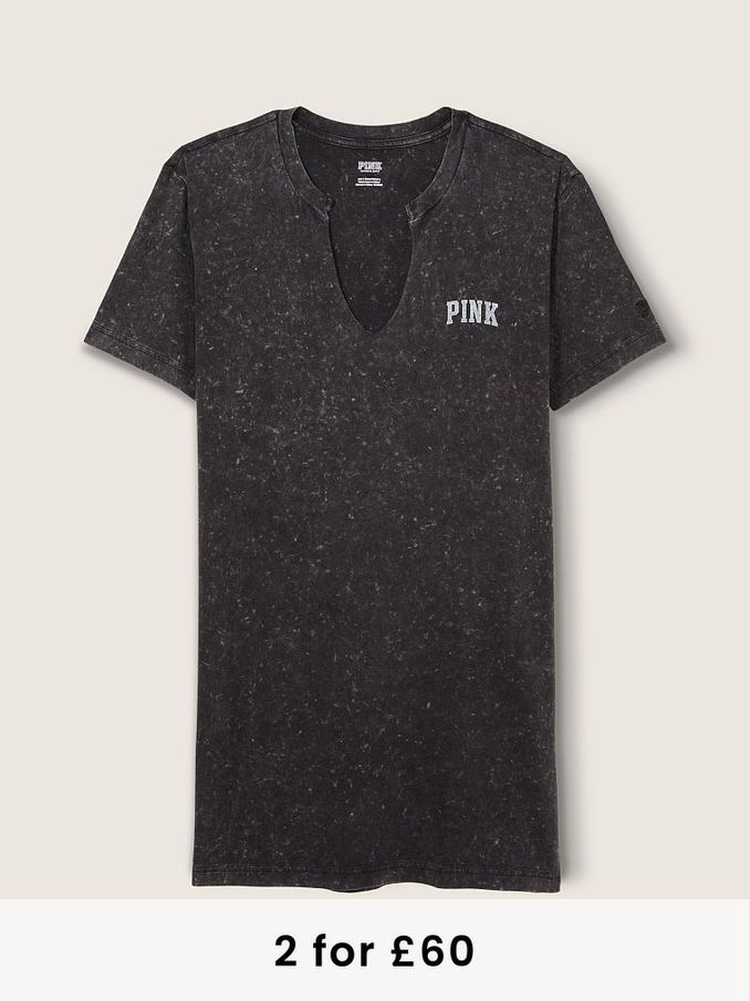 Pure Black Wash W/ Graphic Campus Notch Neck T-Shirt Dress (P76081) | £15