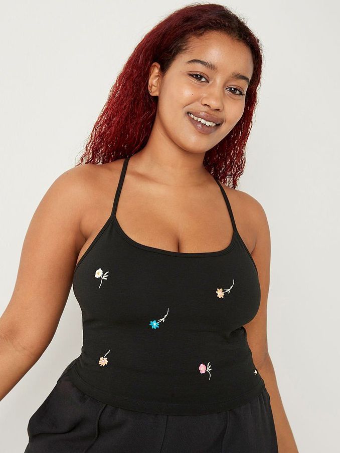 Pure Black Flowers Shrunken Crop Shelf Cami (P76122) | £10