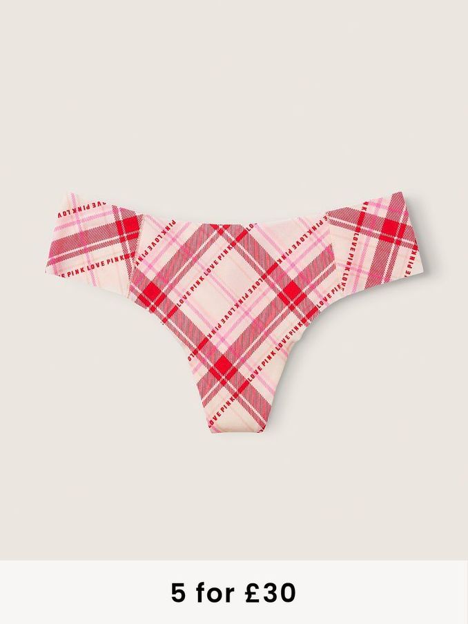 Light Ivory and Red Plaid NoShow Thong Knickers (P77458) | £3