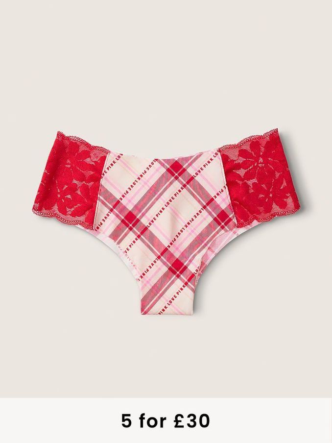 Light Ivory and Red Plaid NoShow Lace Trim Knickers (P77462) | £4