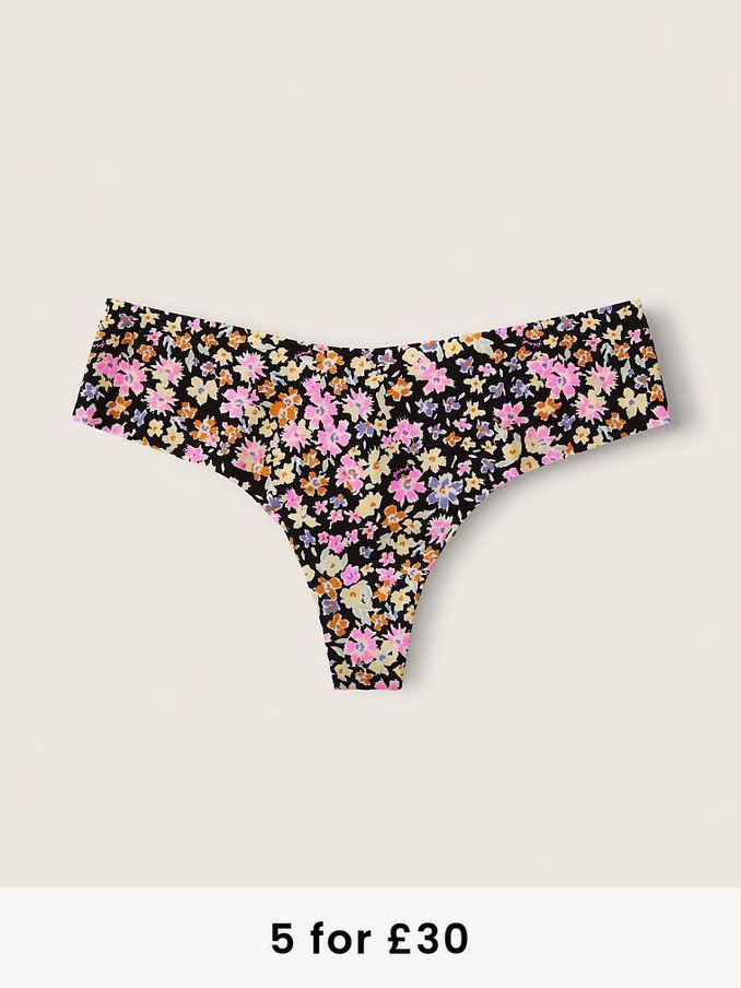 Pure Black Ditsy Floral No Show Thong Knickers (P77490) | £3