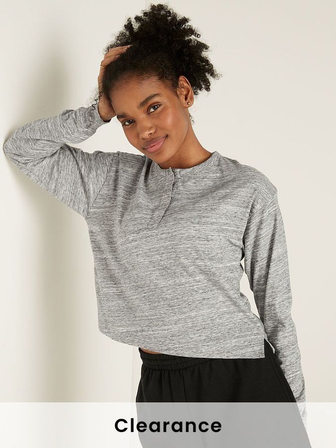Heather White Tiger Campus Crop Long Sleeve Henley T-Shirt (P79566) | £10