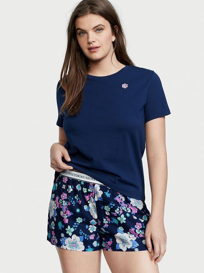 Ensign Navy Blue Floral Cotton T-Shirt Short Pyjamas (P79907) | £15