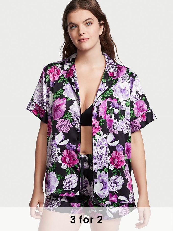 Black Floral Satin Short Pyjamas (P80041) | £20