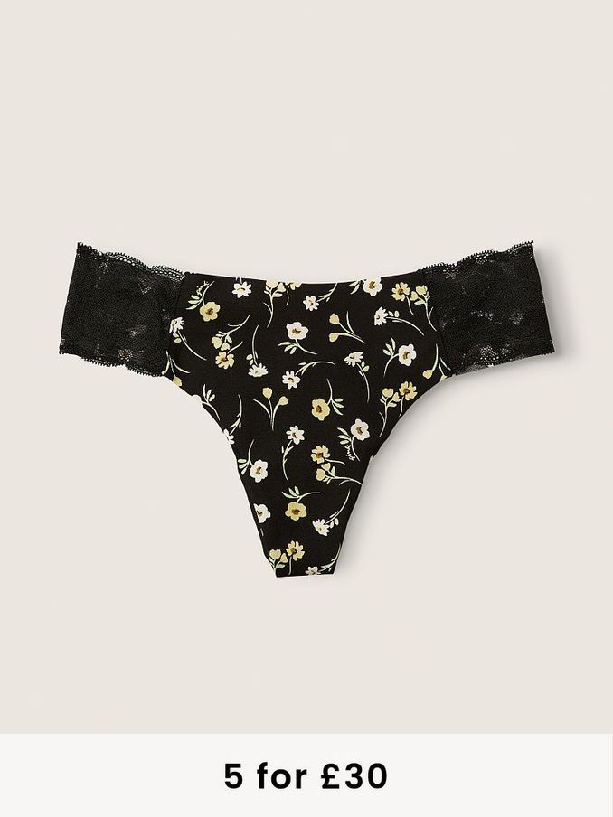 Pure Black Floral No Show Thong Knickers (P80231) | £3
