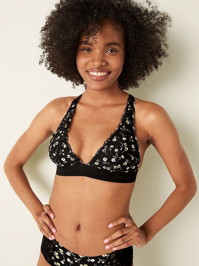 Pure Black Floral Lace Strappy Back Halterneck Bralette (P80289) | £10