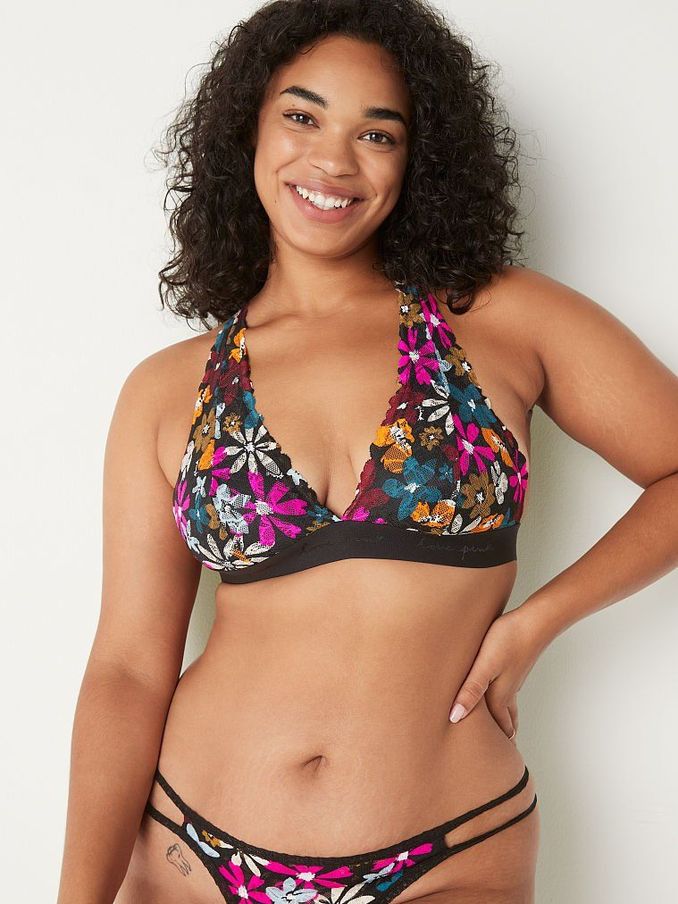 Pure Black Wildflower Floral Lace Halter Bralette (P80529) | £10