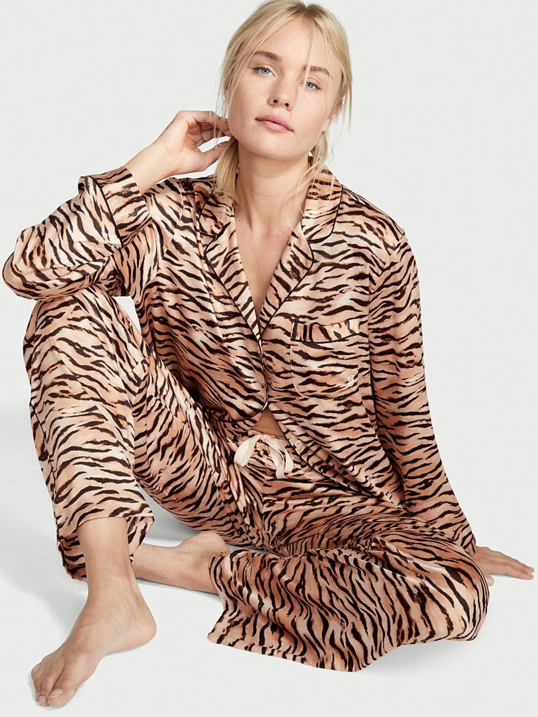 Pink Grey Stripe Satin Long Pyjama Set (P81092) | £32