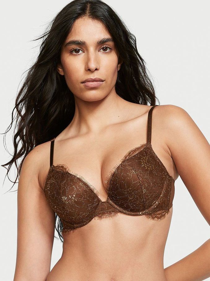 Dark Brown Lace Plunge Push Up Bra (P81104) | £15