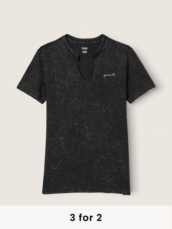 Pure Black Wash Peace Sign Campus Short Sleeve Notch Neck Tee (P81557) | £10
