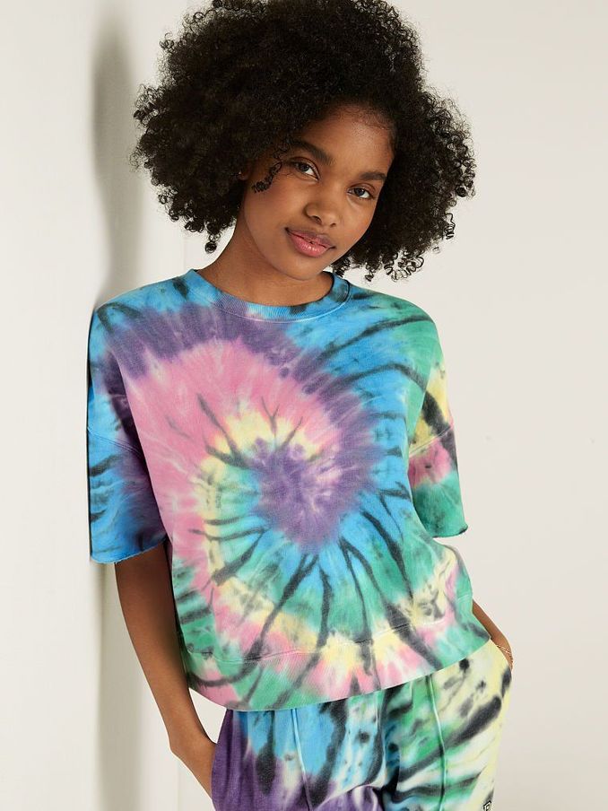 Spiral Tie Dye Short Sleeve Crop Crew Sweatshirt (P87403) | £18