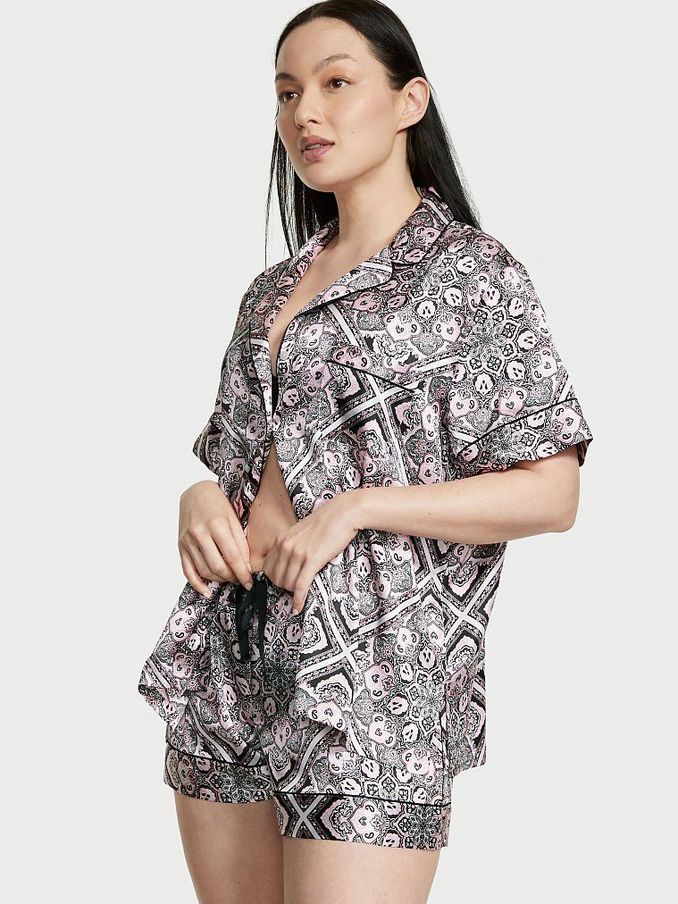 Dusk Pink and White Paisley Satin Short Pyjamas (P89657) | £20
