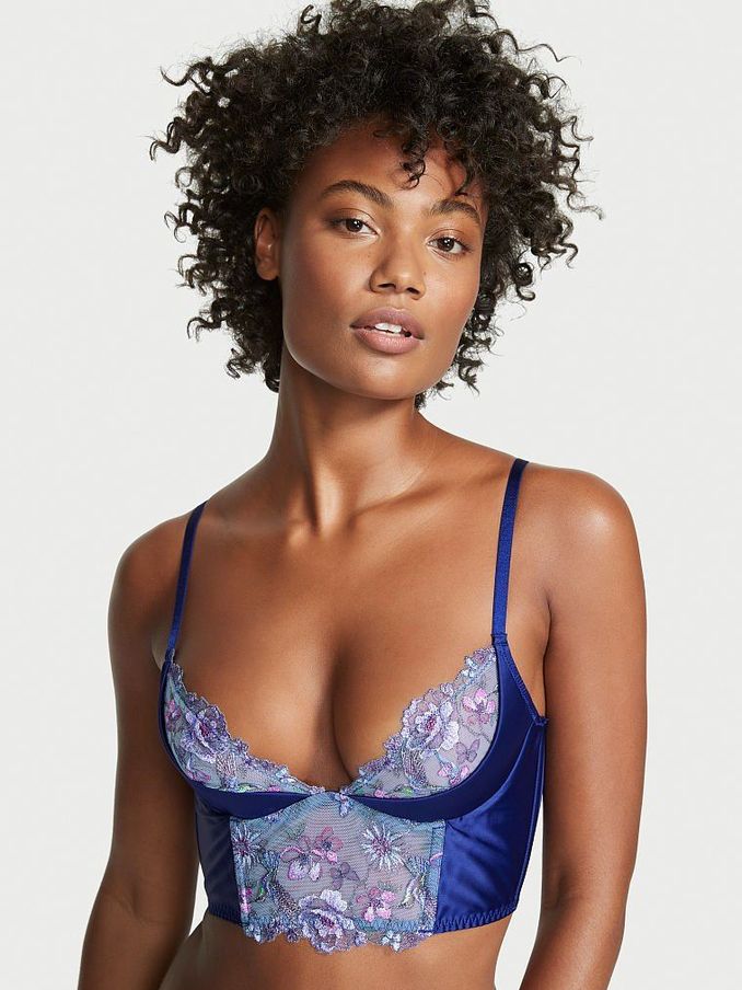 Soft Chambray Blue Embroidered Unlined Corset Bra Top (P91008) | £20