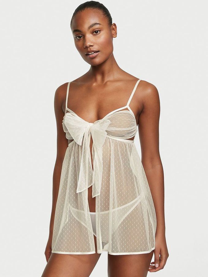 Coconut White Sheer Dotted Mesh Babydoll Panty Set (P92188) | £25