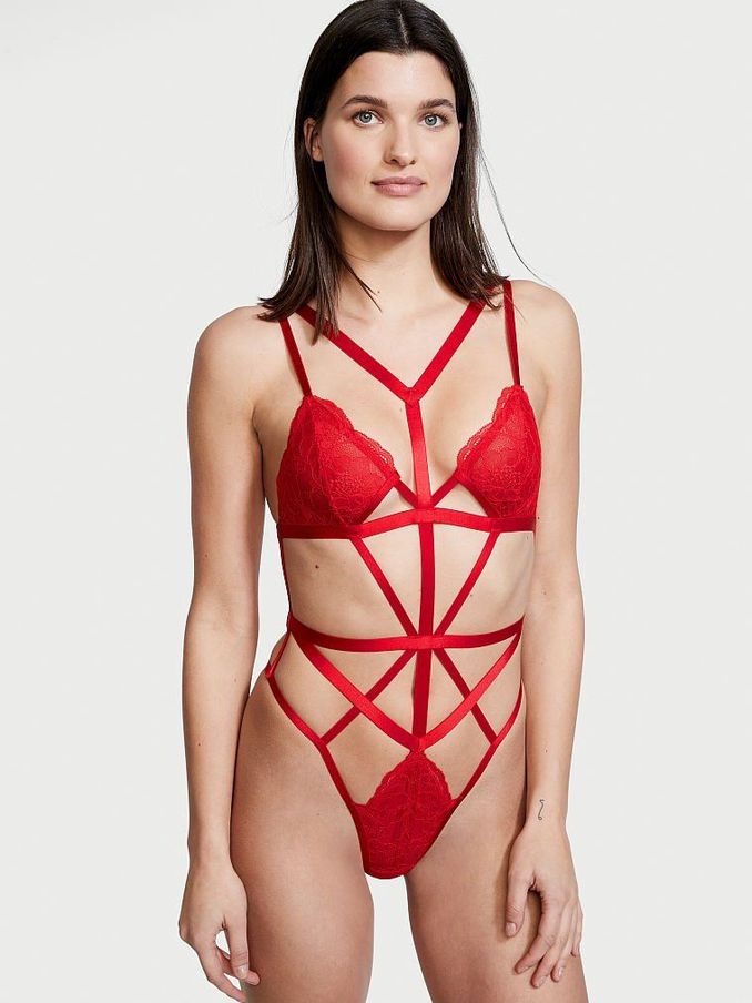 Lipstick Red Unlined Lace Strappy Bodysuit (P92196) | £30