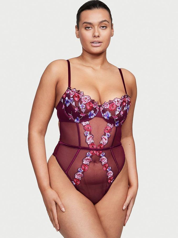 Burgundy Purple Embroidered Unlined Balcony Bodysuit (P95805) | £25
