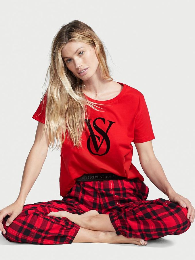 Lipstick Red Plaid Flannel Teejama Set (P97919) | £20