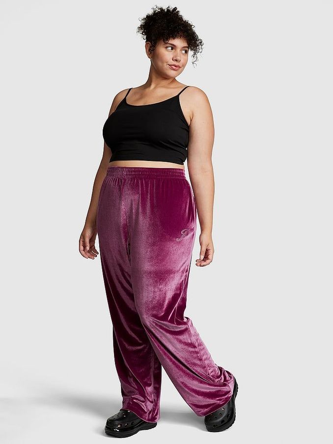 Vivid Magenta Pink Velour Wide Leg Logo Jogger (P98562) | £25