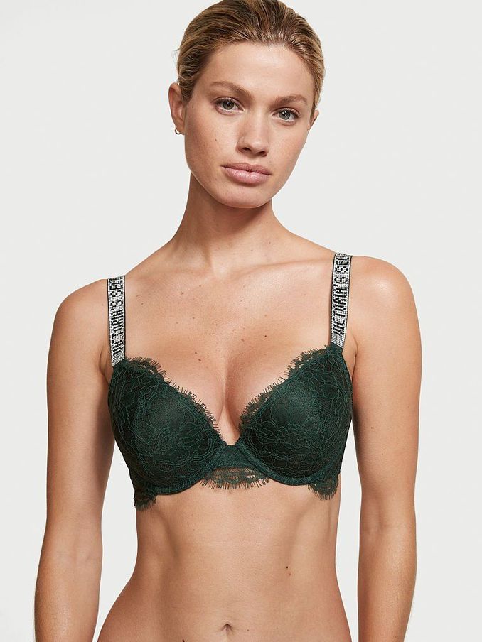 Envious Green Plaid Lace Shine Strap Plunge Push Up Bra (Q02775) | £24
