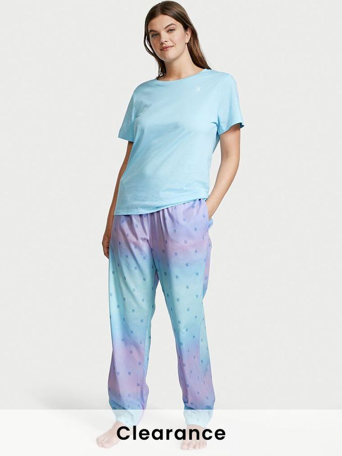 Blue Wave Ombre Logo Cotton T-Shirt Long Pyjamas (Q06163) | £20