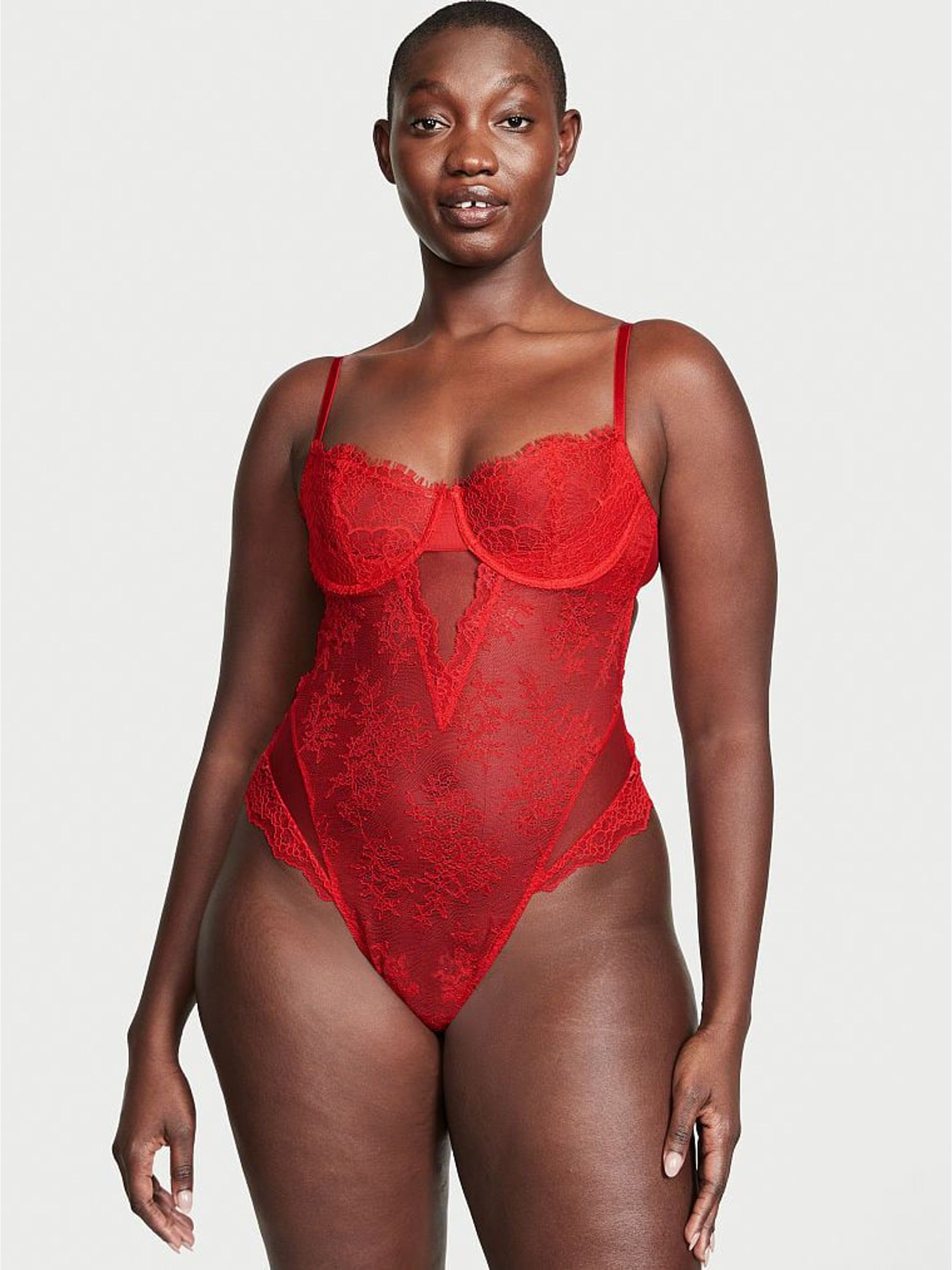 Lipstick Red Lace Unlined Balcony Bodysuit (Q07330) | £29