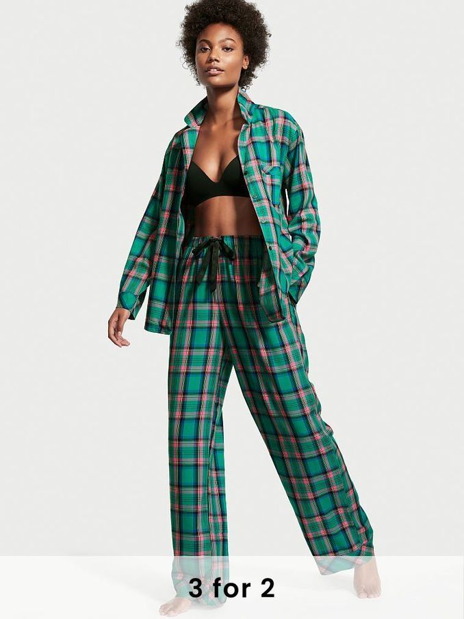 Teal Blue and Pink Shine Plaid Flannel Long Pyjamas (Q08008) | £24