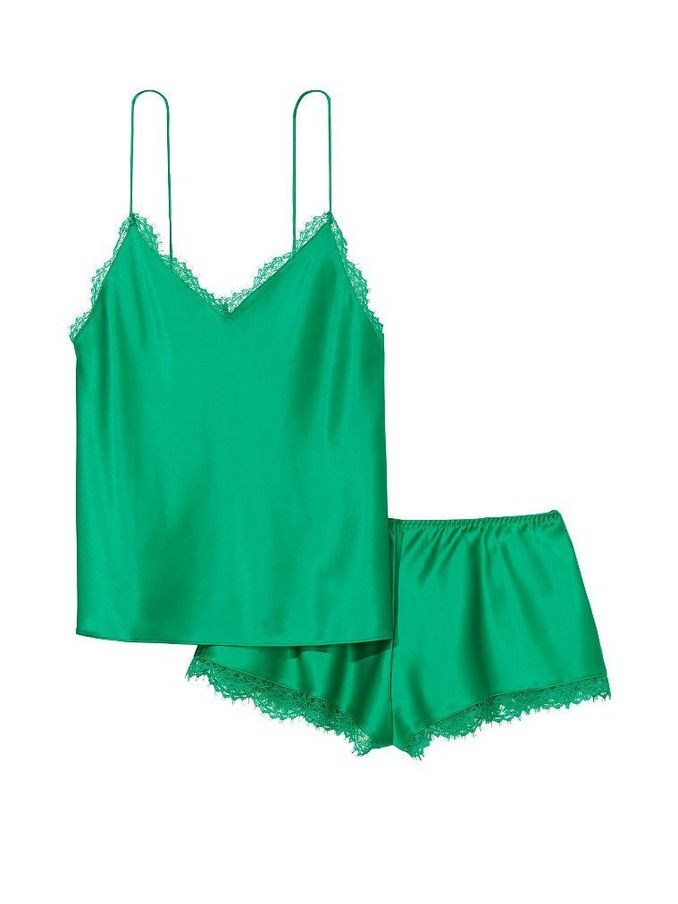 Clover Green Stretch Satin Lace Back Cami Set (Q09388) | £30