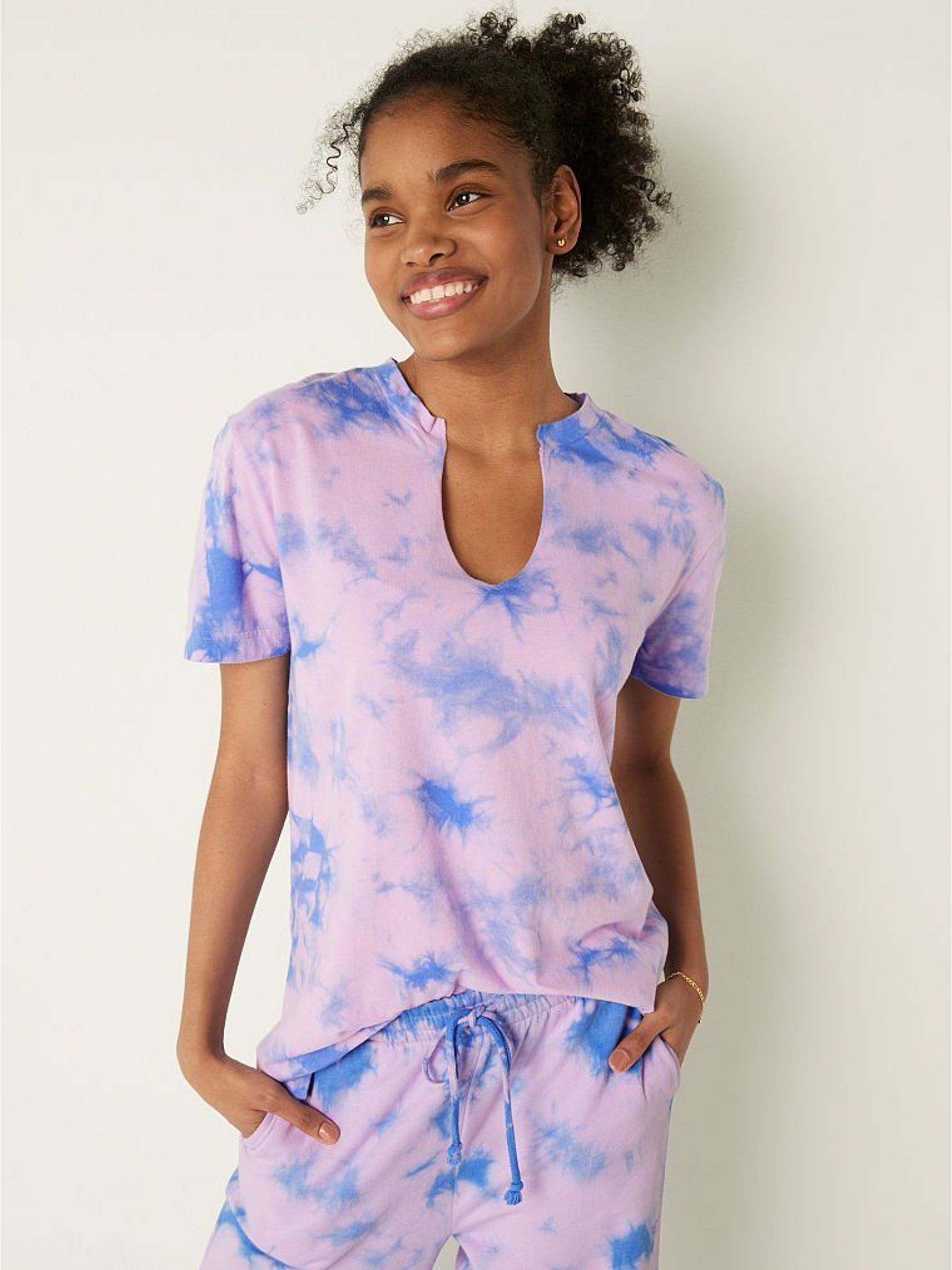Purple Petal/ Blue Tie Dye Campus Short Sleeve Notch Neck Tee (Q09390) | £10