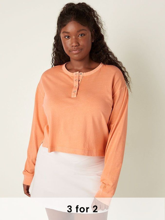 Coral Cream Wash Cotton Cropped Long Sleeve Campus Henley TShirt (Q09418) | £10