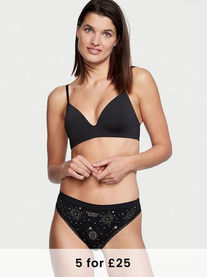 Black Seamless Foil Lace Thong Panty (Q09591) | £4