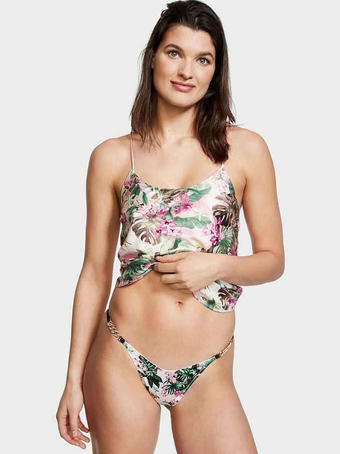 Paradise Orchid Chain Strap Satin Thong Panty (Q09689) | £5