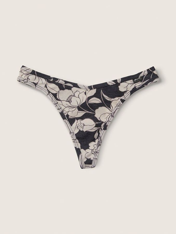 Pure Black Drawn Floral Cotton Thong Knickers (Q10951) | £3