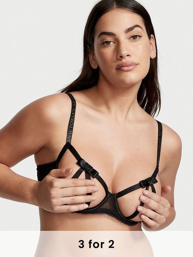 Black Strappy Open Cup Demi Bra (Q11386) | £24