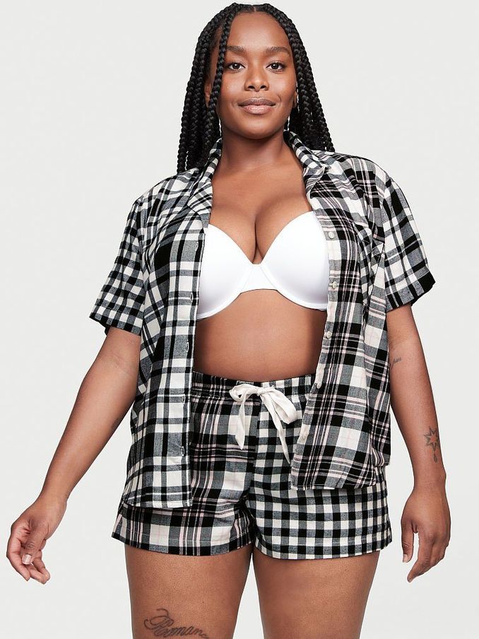 Black White Plaid Flannel Short Pyjamas (Q12855) | £17