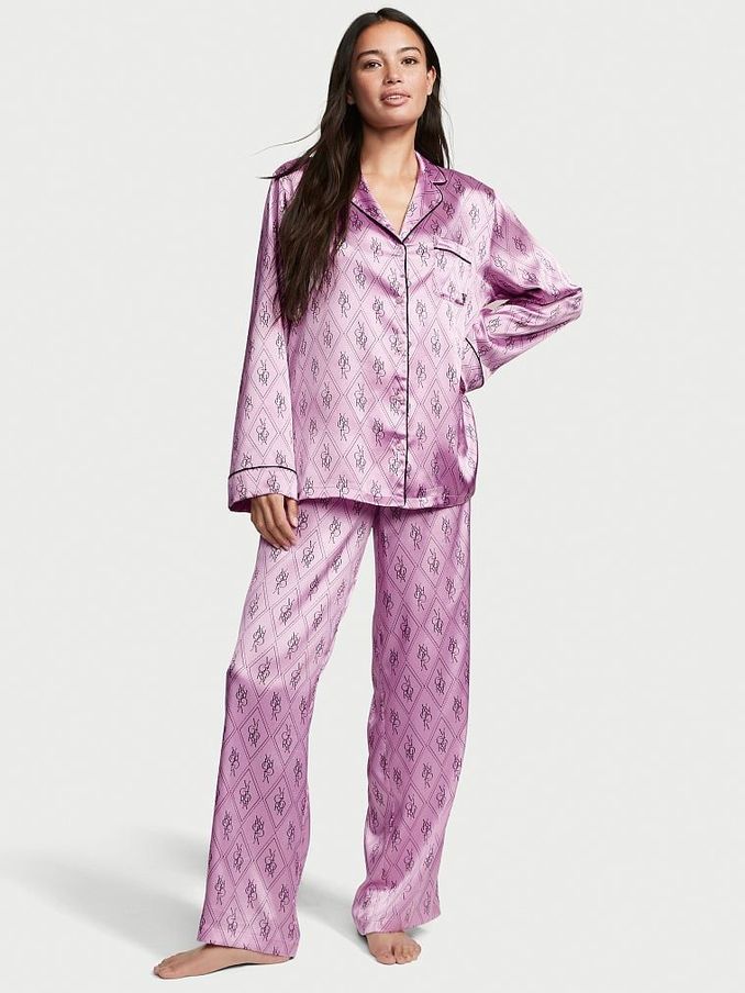 Bikini Pink Logo Satin Long Pyjamas (Q13725) | £30