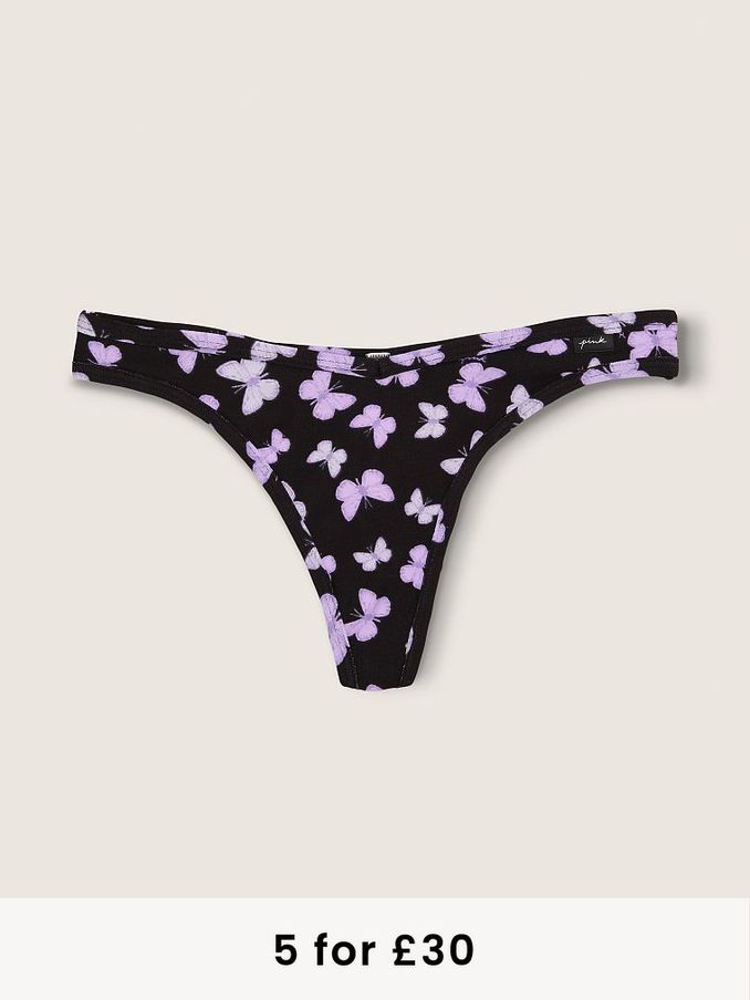 Pure Black Butterfly Cotton Thong Knickers (Q14855) | £3