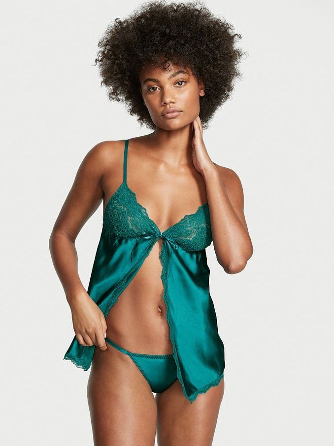 Spruce Green Satin Tie Front Babydoll Set (Q14856) | £30