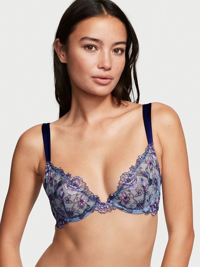 Soft Chambray Blue Embroidered Unlined Demi Bra (Q15129) | £20